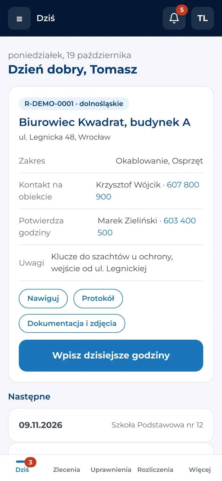 Ekran „Dziś” montera w aplikacji E-FIRE TECH: zlecenie, kontakt na obiekcie, potwierdzone godziny