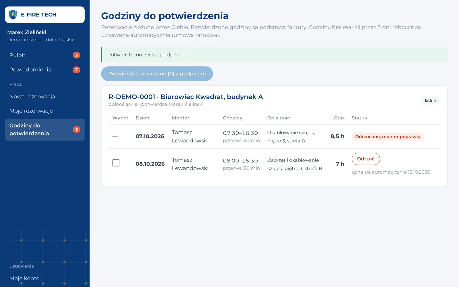 Godziny montera do potwierdzenia przez inżyniera i formularz godzin montera – widok na komputerze