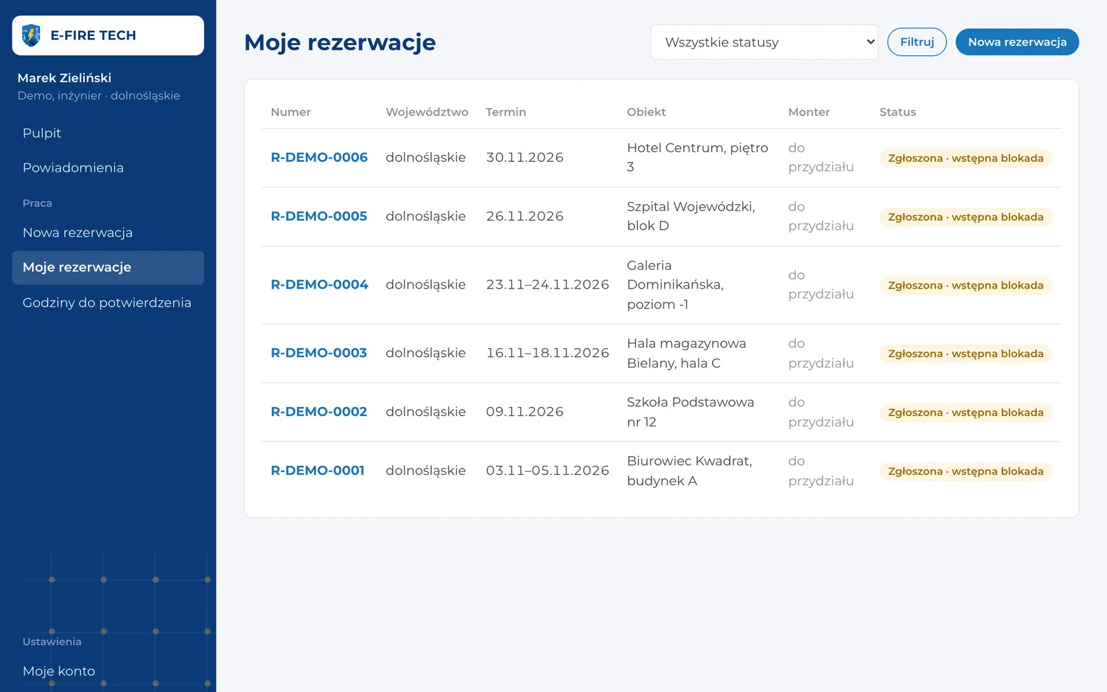 Lista rezerwacji inżyniera ze statusami – widok na komputerze