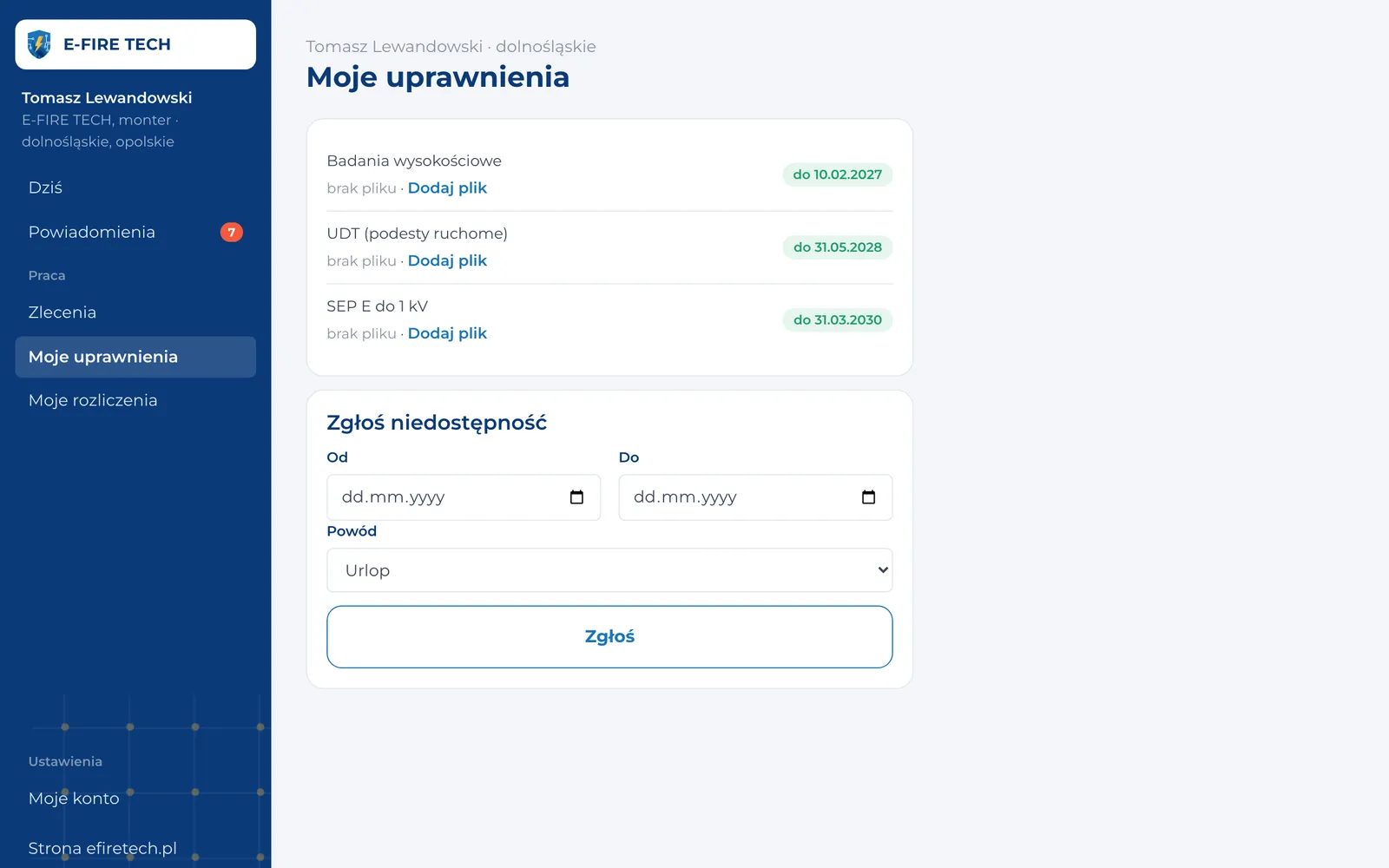 Uprawnienia montera z terminami ważności – widok na komputerze