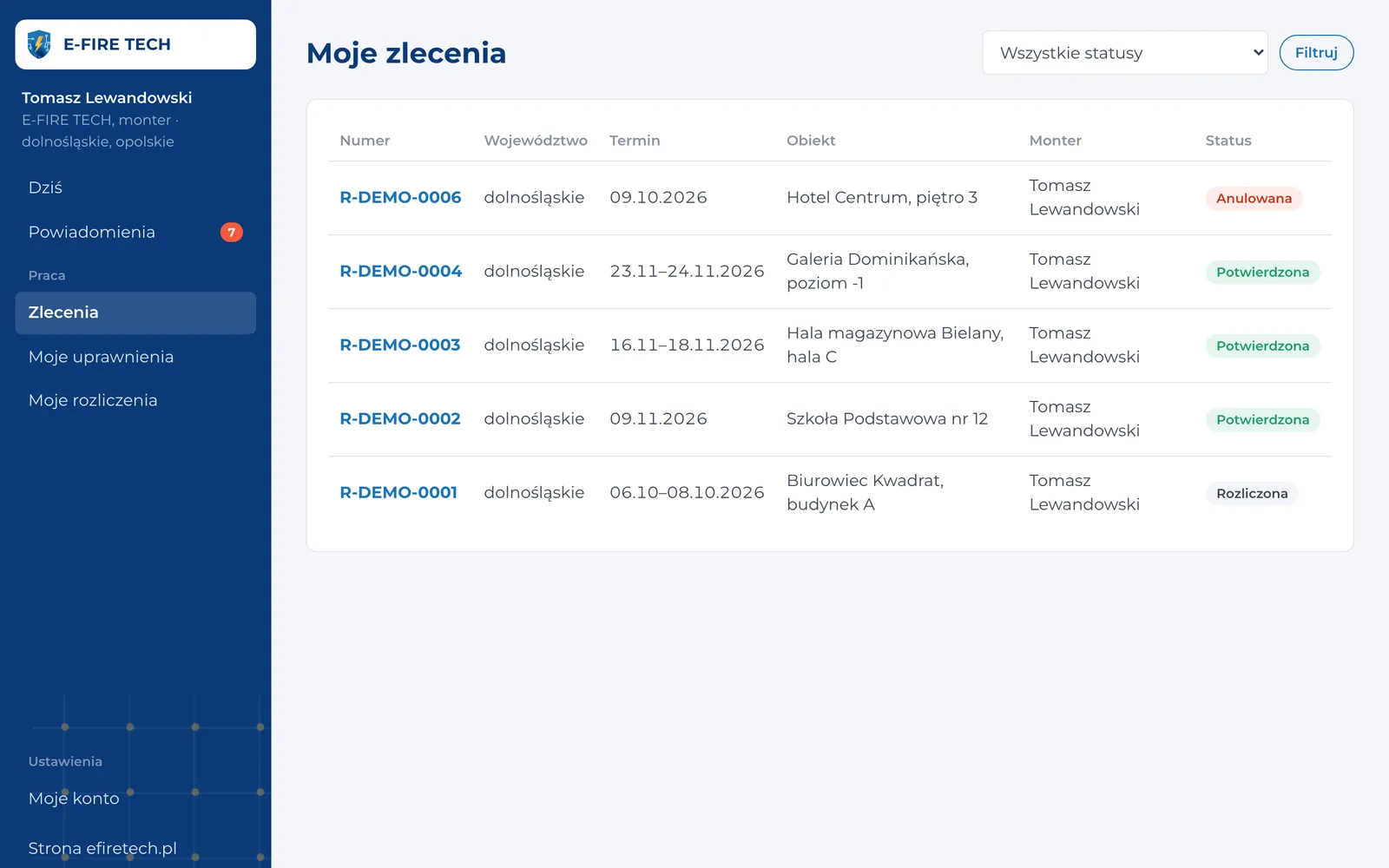 Lista zleceń montera – widok na komputerze