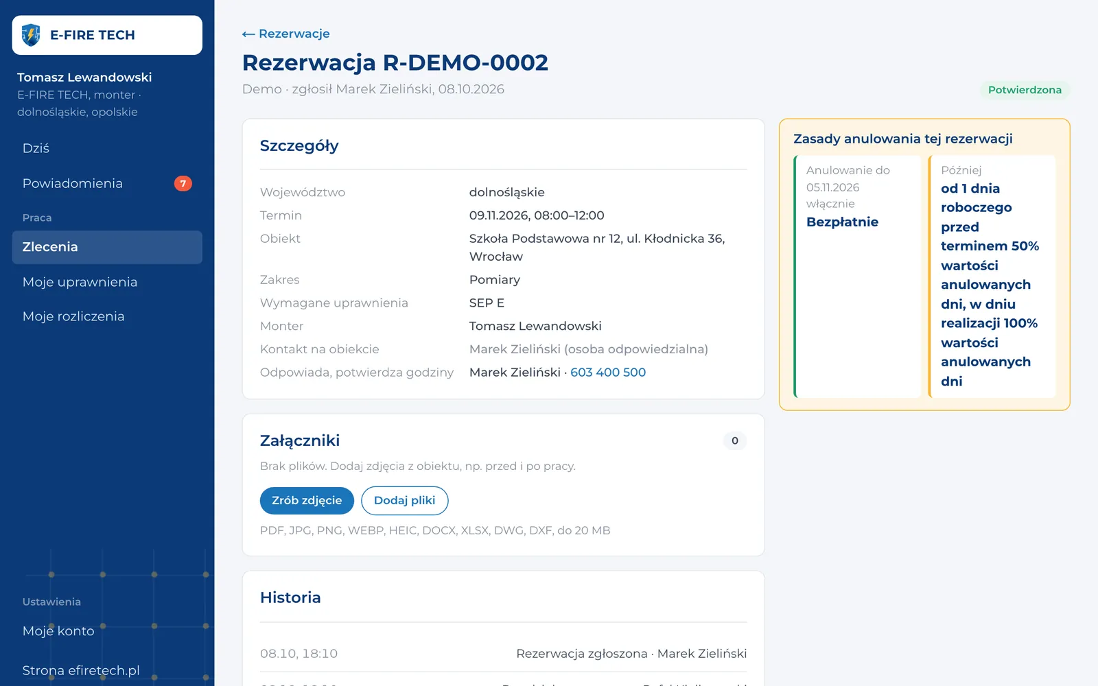Szczegóły zlecenia montera – widok na komputerze
