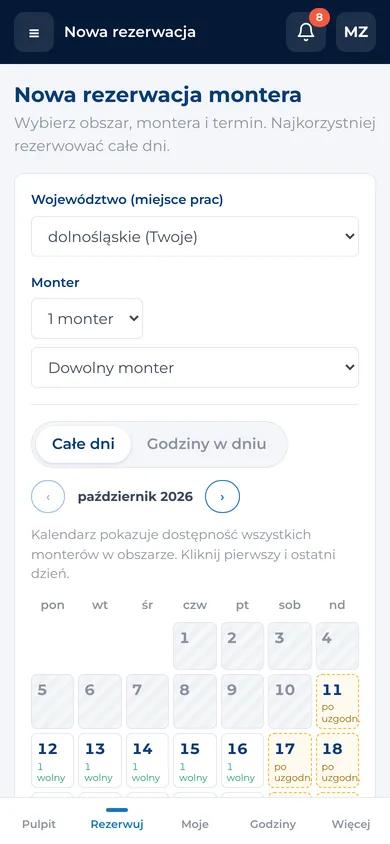 Nowa rezerwacja montera z kalendarzem dostępności – widok na telefonie