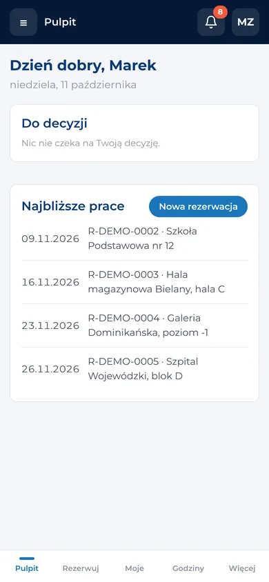Pulpit inżyniera z najbliższymi pracami – widok na telefonie