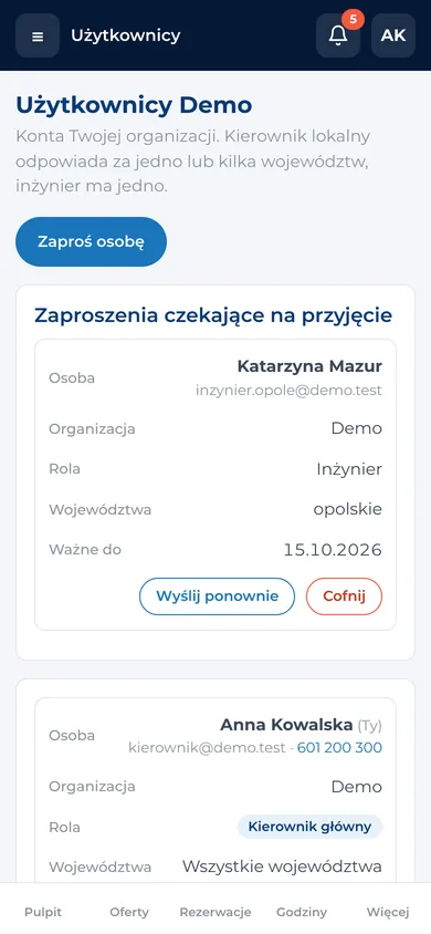 Lista użytkowników firmy klienta z rolami i województwami – widok na telefonie