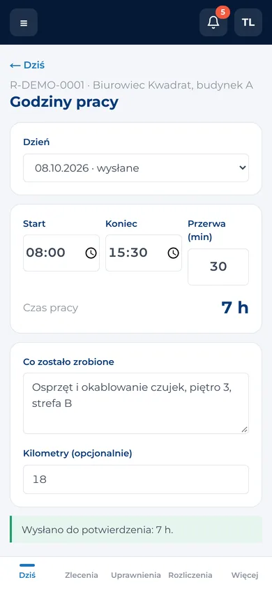 Godziny montera do potwierdzenia przez inżyniera i formularz godzin montera – widok na telefonie