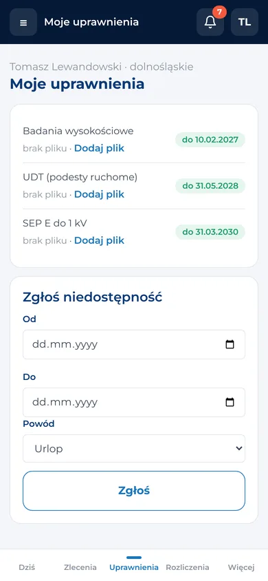 Uprawnienia montera z terminami ważności – widok na telefonie