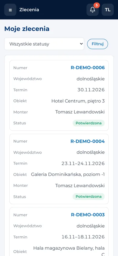 Lista zleceń montera – widok na telefonie