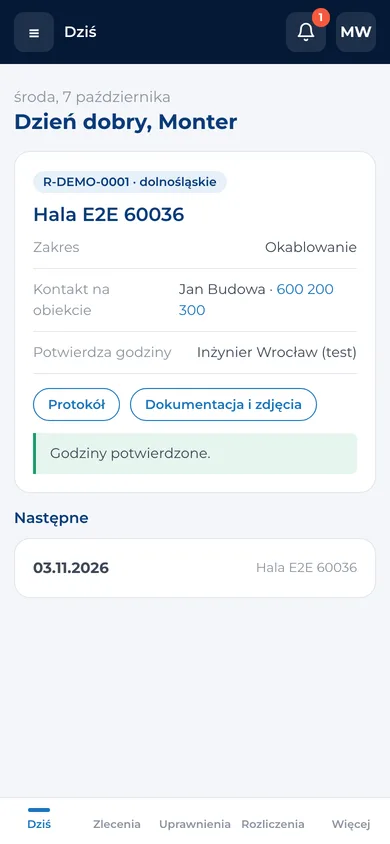 Ekran „Dziś” montera w aplikacji E-FIRE TECH: zlecenie, kontakt na obiekcie, potwierdzone godziny